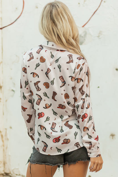 White Western Fashion Print Button Up Casual Shirt