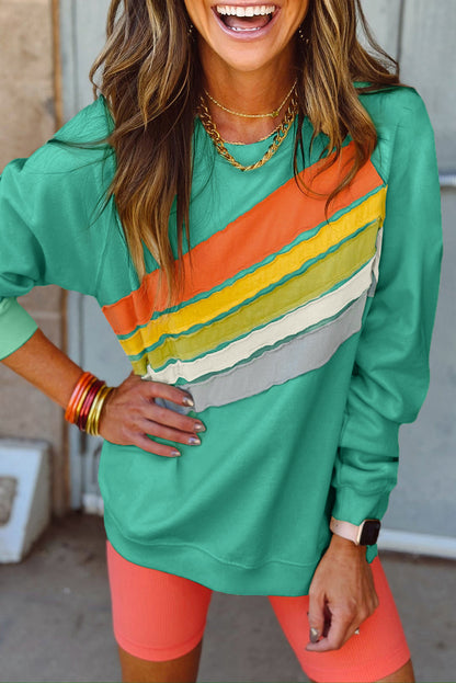 Apricot Rainbow Colorblock Striped Pullover Sweatshirt