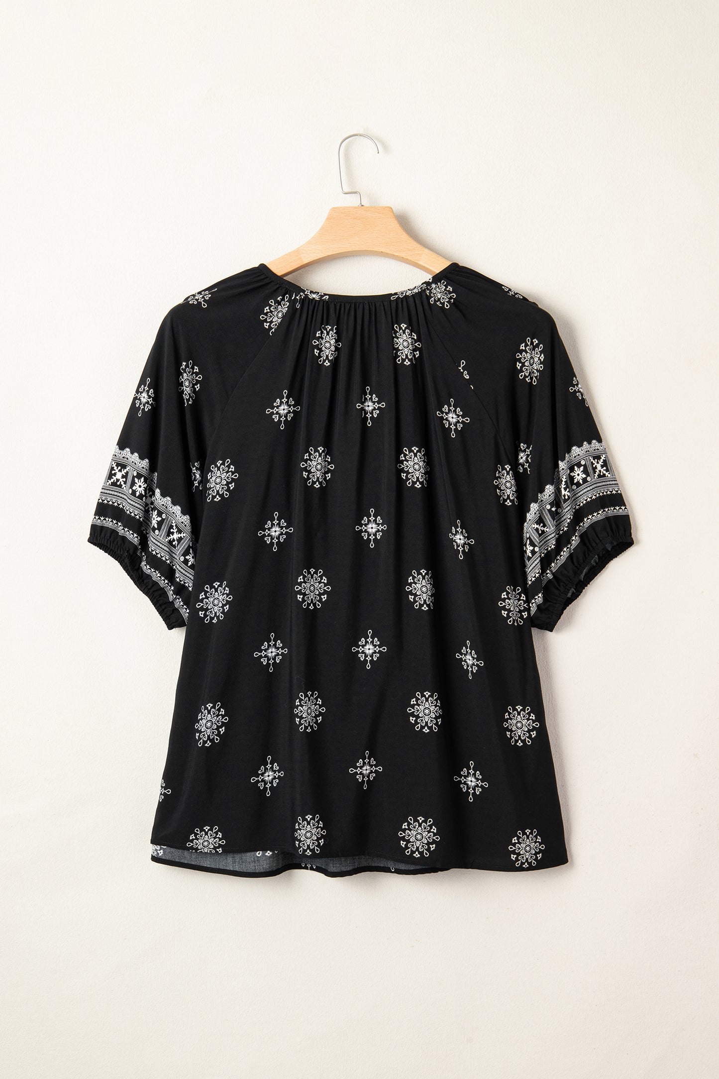 Black Boho Chic Notched V Neck Plus Floral Short Sleeve Top