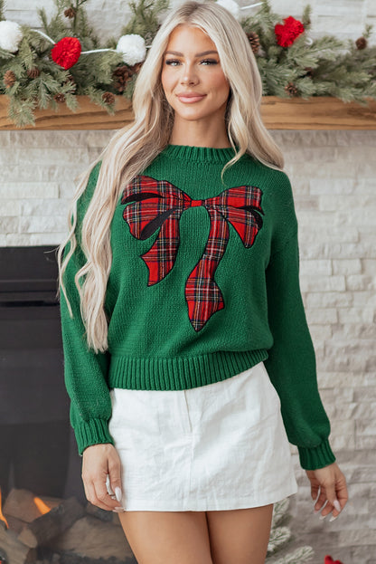 Evergreen Plaid Bow Graphic Christmas Sweater
