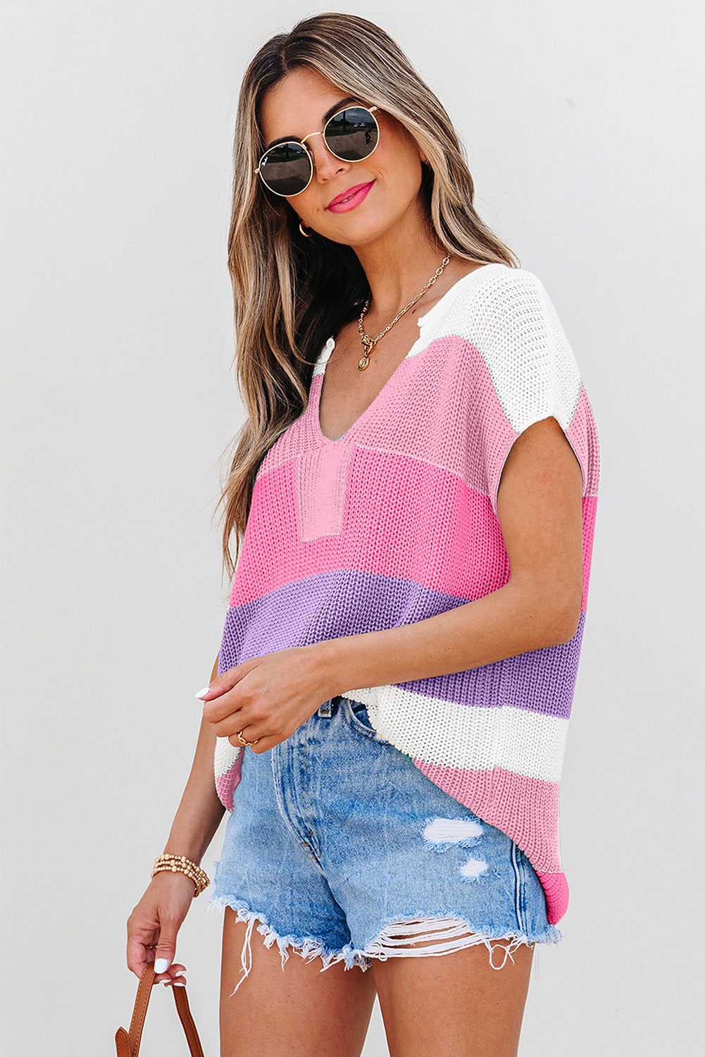 Multicolour Color Block Notch V Neck Sweater T Shirt