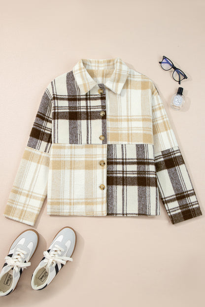 Multicolour Plaid Patchwork Side Pockets Buttoned Shacket
