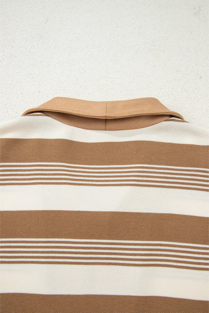 Khaki Stripe Zip Collar Patchwork Vintage Fashion Sweatshirt