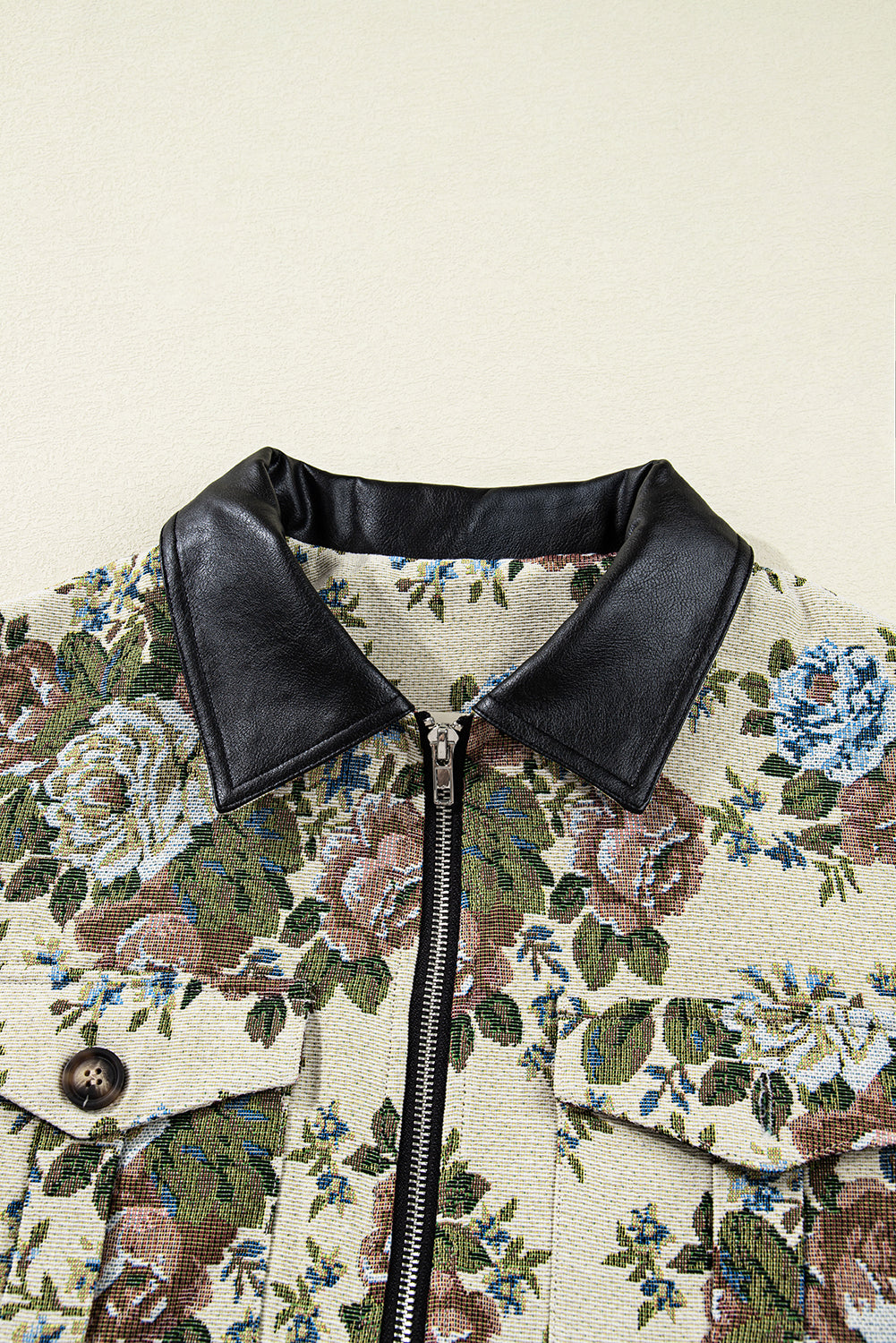 Khaki Floral Print Zip Up Contrast Collared Jacket