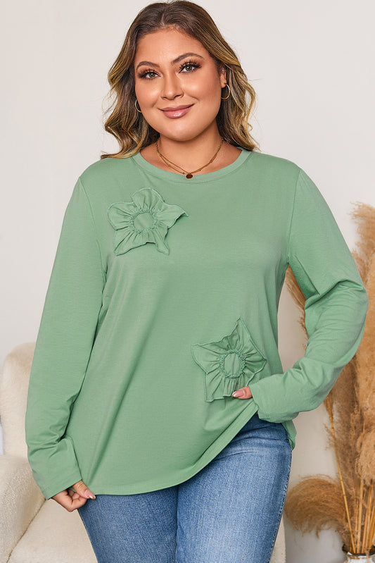 Grass Green Flower Applique Mineral Wash Plus Size Top