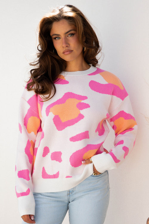 Sachet Pink Playful Leopard Print Drop Shoulder Baggy Sweater