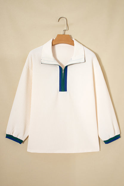 White Waffle Textured Contrast Polo Neck Zip up Jumper