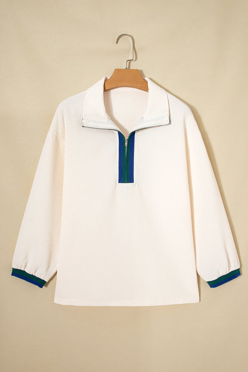 White Waffle Textured Contrast Polo Neck Zip up Jumper