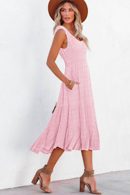 Pink Shirred Pleated Square Neck Sleeveless Midi Dress