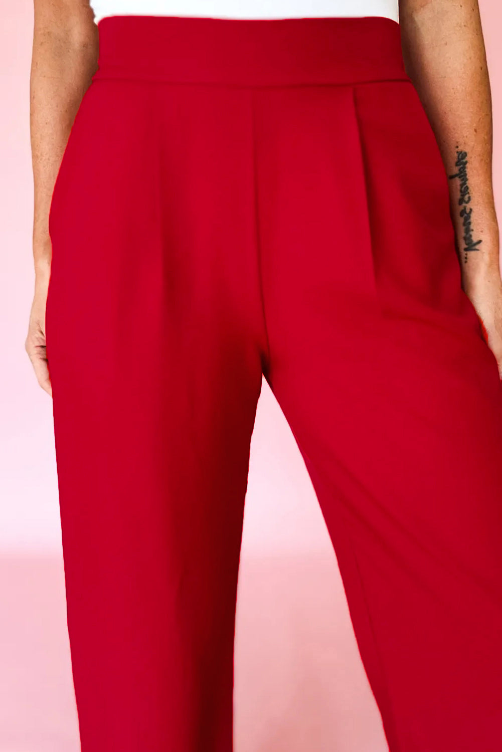 Fiery Red Pleated Detail Pull On High Elastic Waist Loose Straight Pants