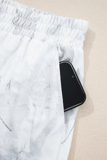 Beige Camo Print Pullover Top and Elastic Waist Casual Short Set