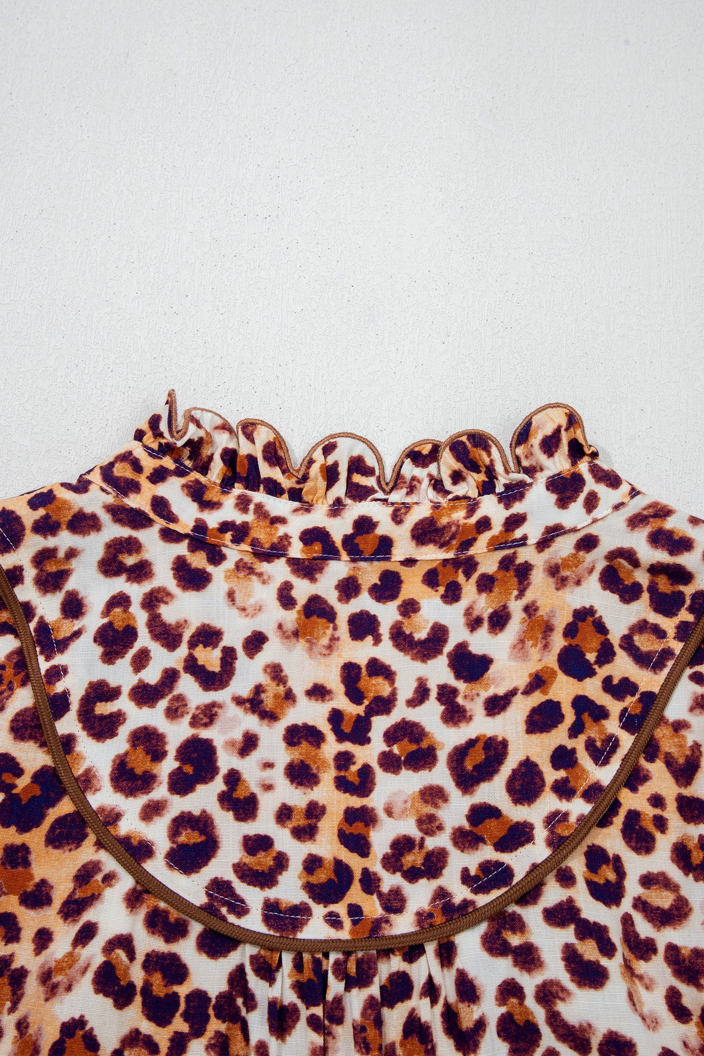Brown Plus Size Leopard Frilled Stand Neck Blouse