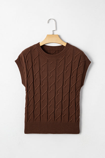 Dark Brown Cable Texture Crew Neck Short Sleeve Sweater Top