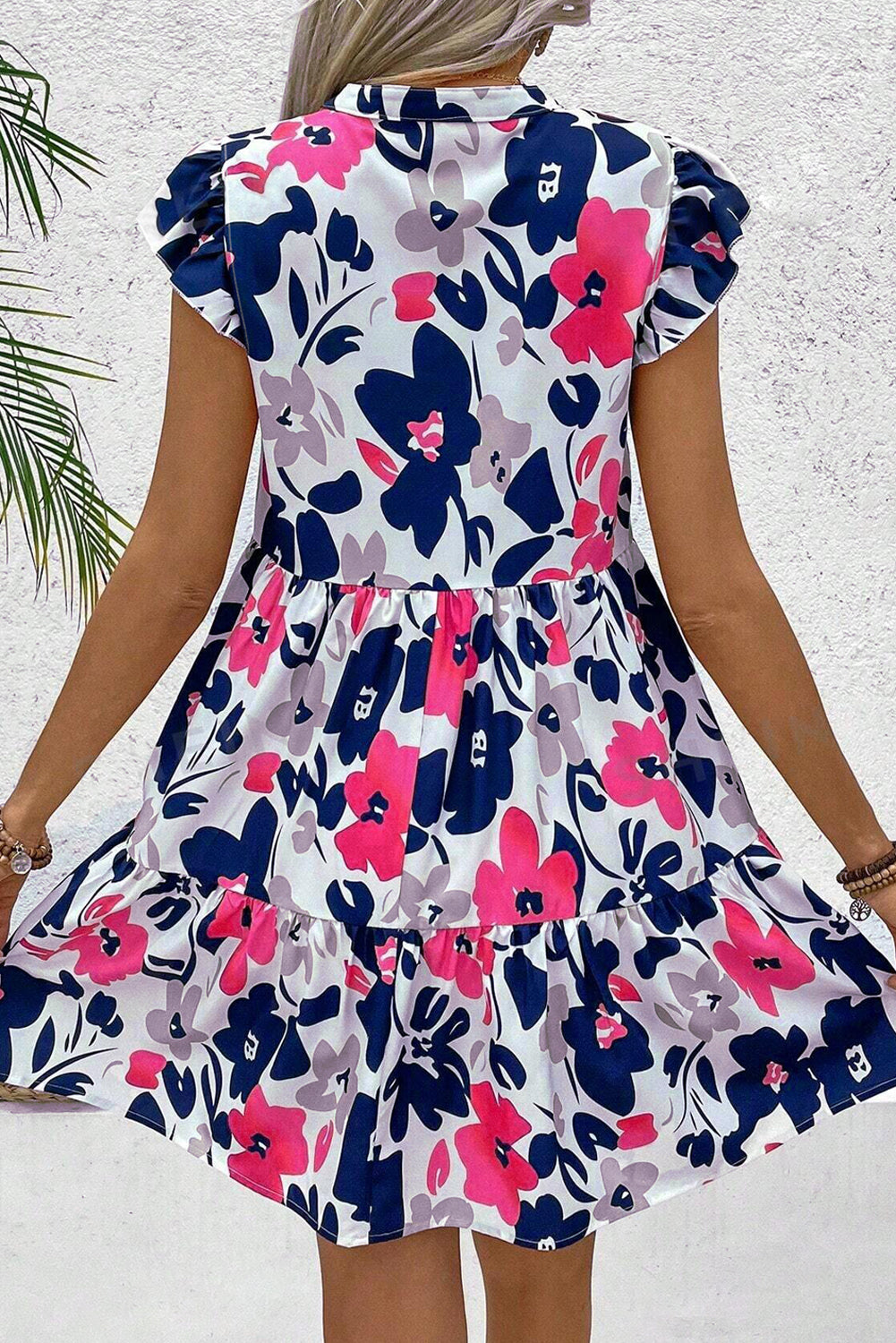 Fashion Floral Print Notched Neck Flutter Sleeve Mini Dress