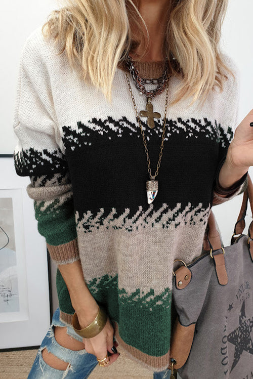Black Stylish Color Block Pattern Drop Shoulder Sweater