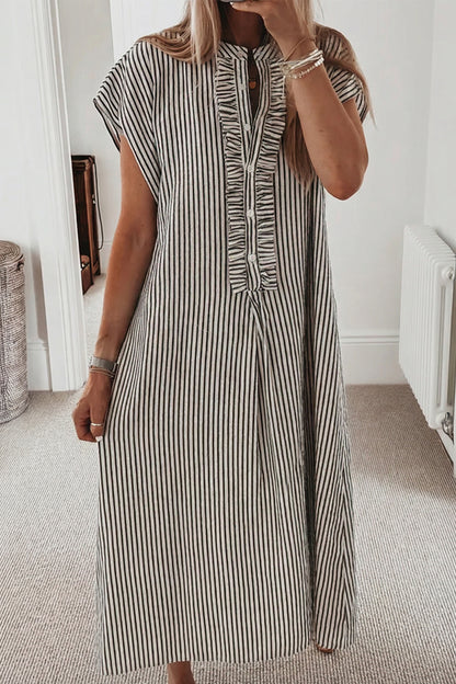 Red Stripe Frilled Detail Half Buttons Short Sleeve Long Dress