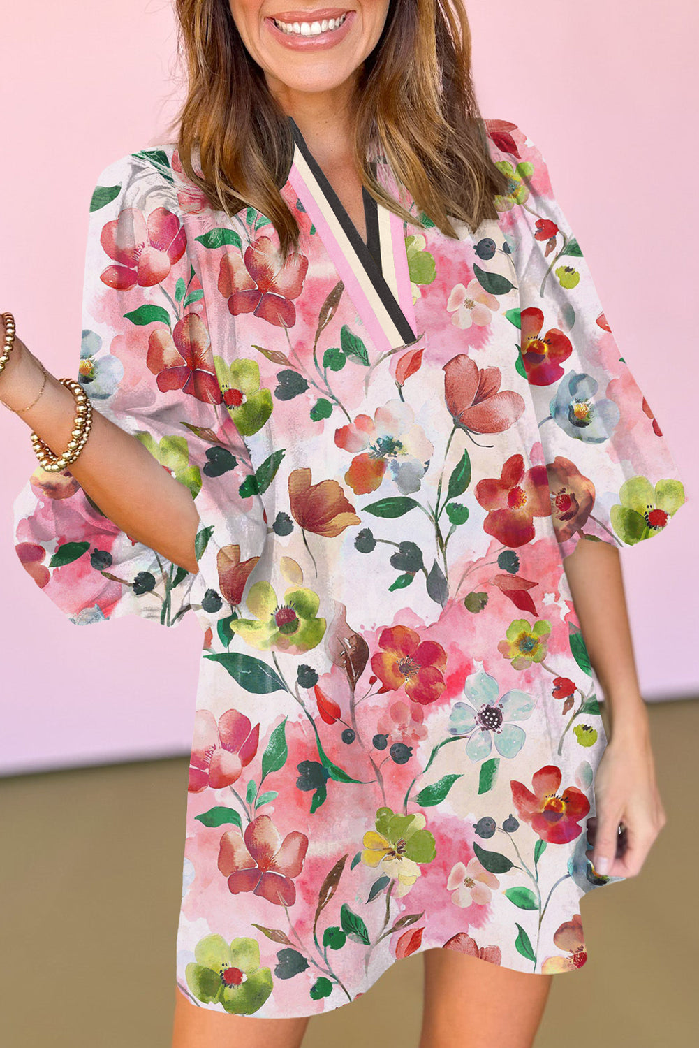 Red Floral Contrast Striped V Neck Puff Half Sleeve Shift Dress