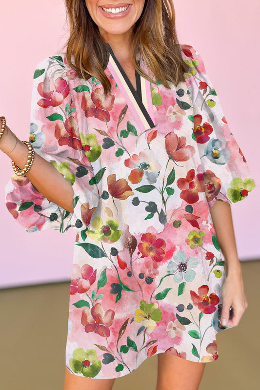 Red Floral Contrast Striped V Neck Puff Half Sleeve Shift Dress