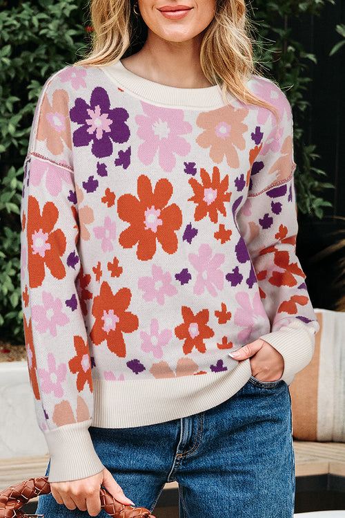 Khaki Fall Floral Pattern Drop Shoulder Sweater