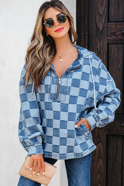Sky Blue Checkerboard Zipped Neck Kangaroo Pocket Denim Hoodie