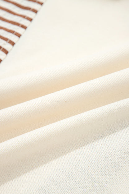 Khaki Stripe Plus Size Color Block Patchwork Half Button Long Sleeve Peplum Blouse