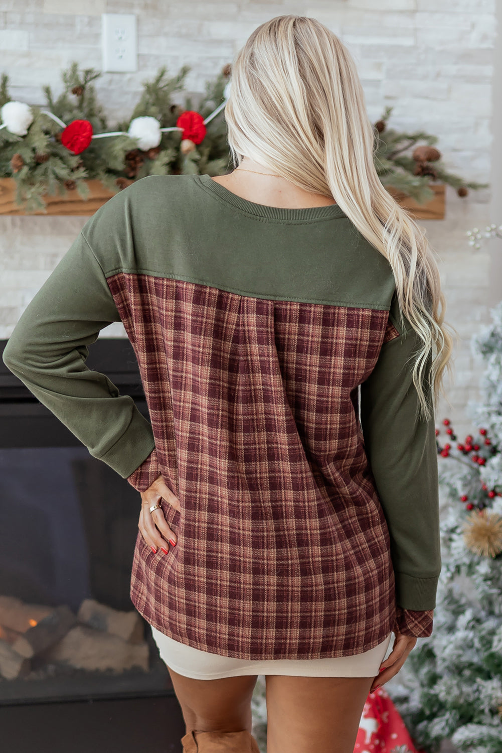 Moss Green Vintage Plaid Patchwork Drop Shoulder Sweatshirt