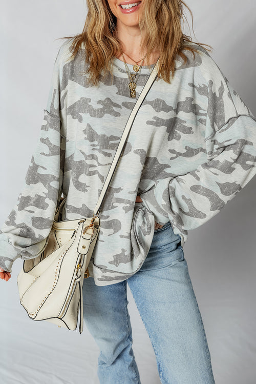 Multicolour Retro Camouflage Print Exposed Seam Patchwork Drop Shoulder Sweatshirt