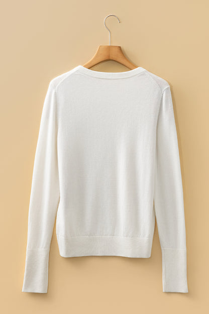 White Button Split Cuffs Round Neck Slim Sweater
