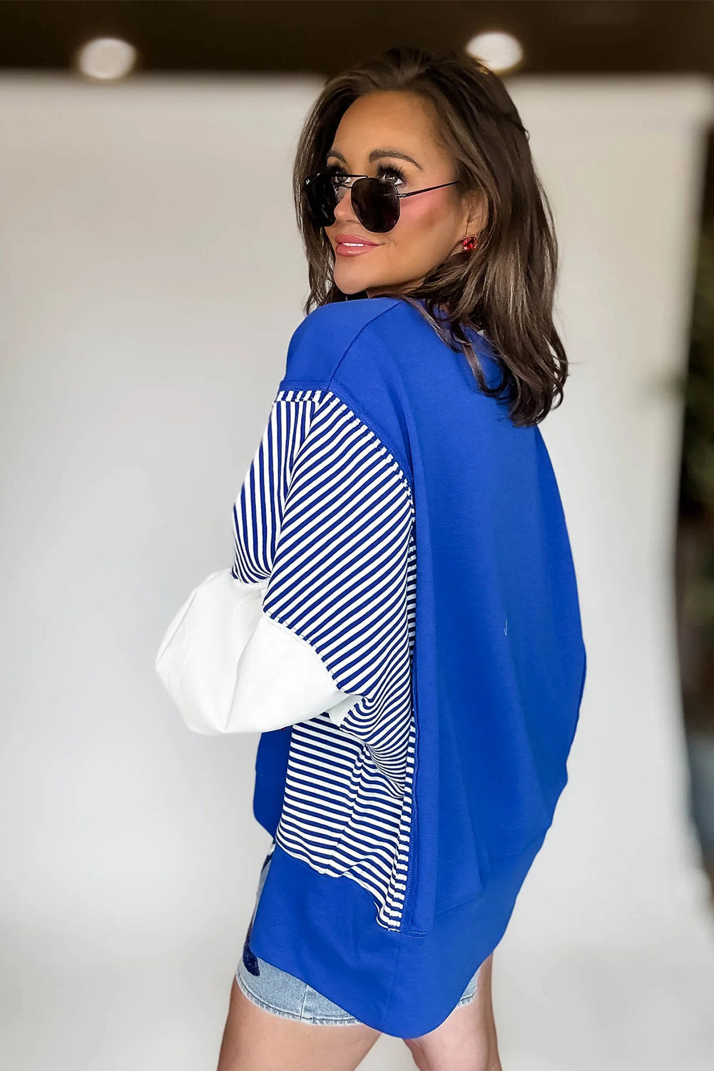 Dark Blue Striped Patchwork Sleeve Colorblock Sweatshirt