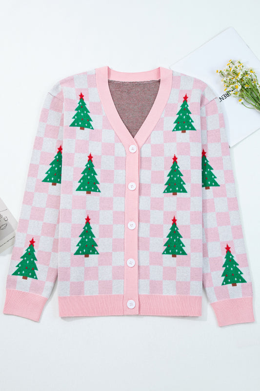 Pink Checkered Christmas Tree Pattern Button V Neck Cardigan Sweater