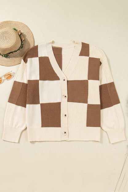 Khaki Checkered Ribbed Texture Knit Plus Size Cardigan Sweater