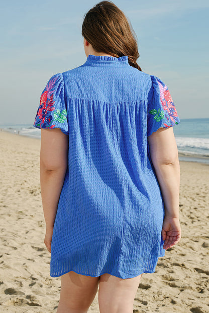 Sky Blue Plus Size Floral Embroidered Puff Sleeve Gingham Mini Dress