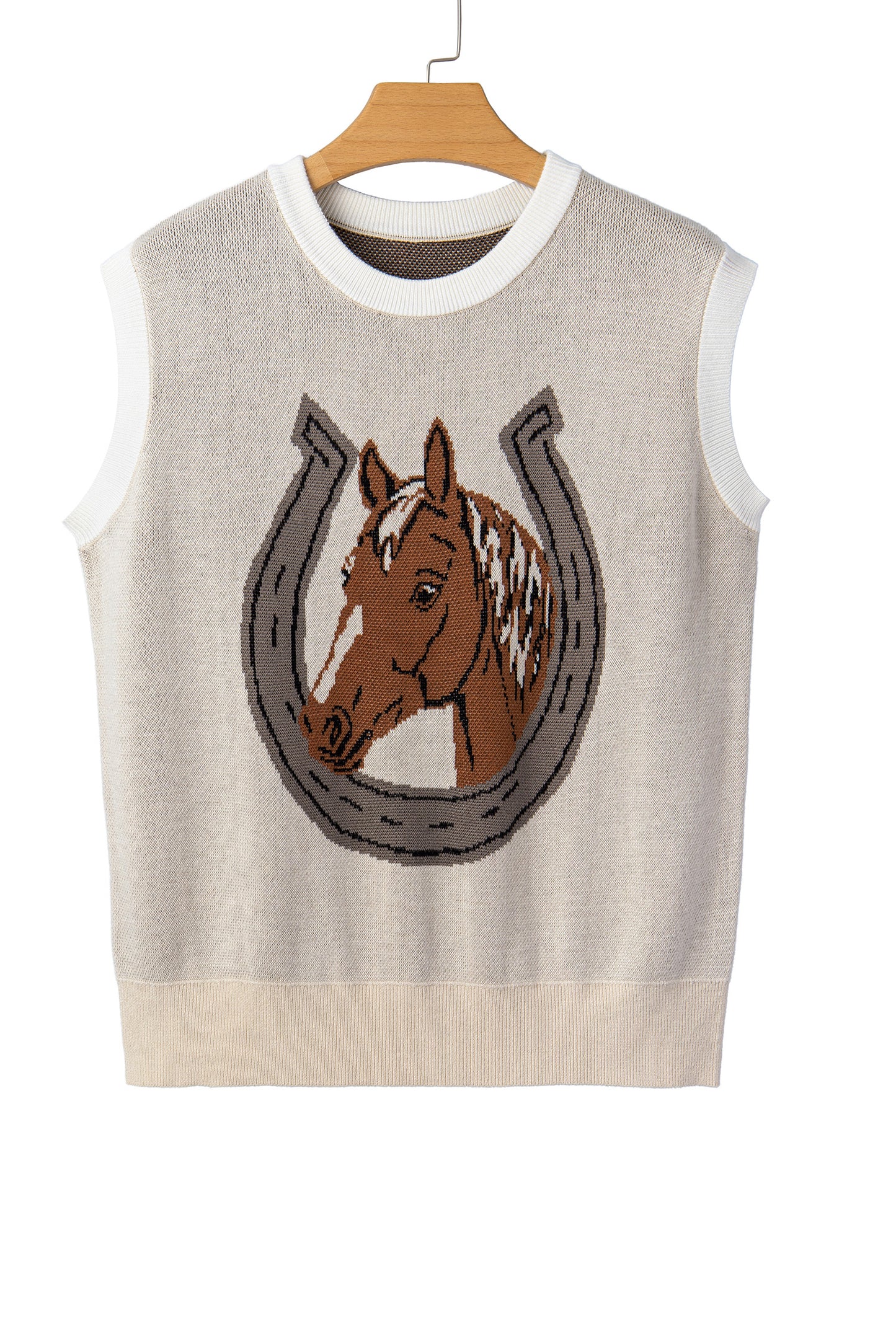 Parchment Horse Shoe Print Color Block Trim Round Neck Sleeveless Sweater