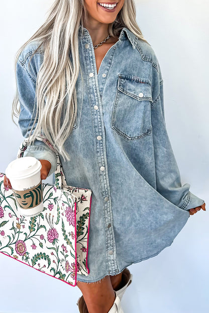 Beau Blue Chest Pocket Raw Hem Denim Loose Shirt Dress