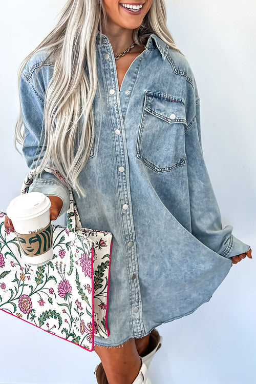 Beau Blue Chest Pocket Raw Hem Denim Loose Shirt Dress