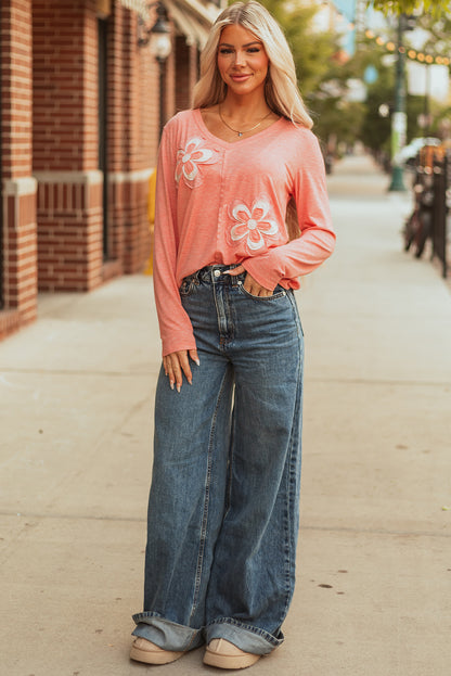 Fresh Salmon Floral Patchwork V Neck Long Sleeve T Shirt