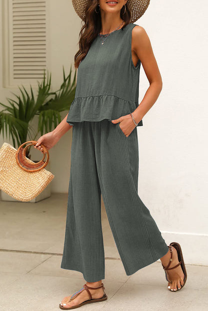 Black Solid Color Ribbed Ruffle Tank Top and Pants Set