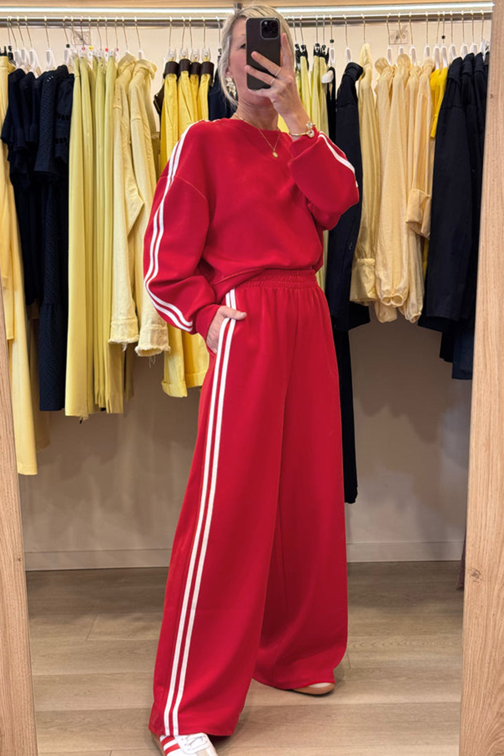 Fiery Red Varsity Striped Detail Crewneck Pullover Elastic Sweatpants 2pcs Outfit