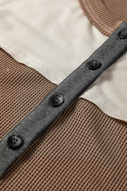 Jet Stream Waffle Patchwork Colorblock Half Buttons Casual Plus Size Knit Jumper