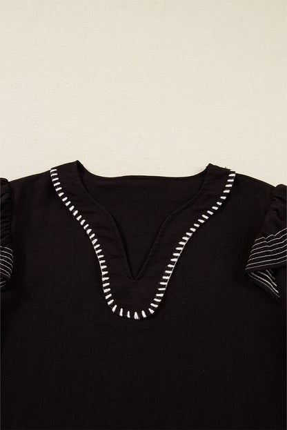 Black Contrast Stitched Detail V Neck Ruffle Long Sleeve Blouse