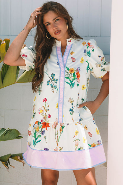 White Floral Print Contrast Striped Patchwork Short Puff Sleeve Dress