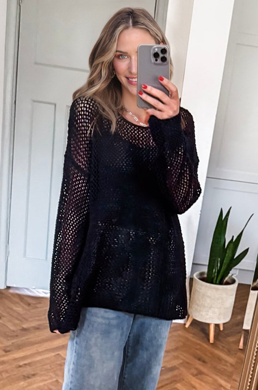 Black Crochet Hollow-out Jumper Top Sweater