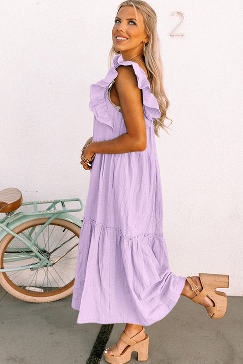 Purple Ruffled Flutter Sleeve Square Neck Textured Tiered Maxi Dress