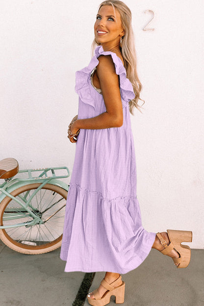Purple Ruffled Flutter Sleeve Square Neck Textured Tiered Maxi Dress