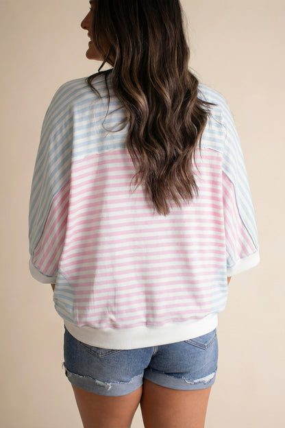 Casual Stripe Oversize Dolman Sleeve Patchwork T Shirt