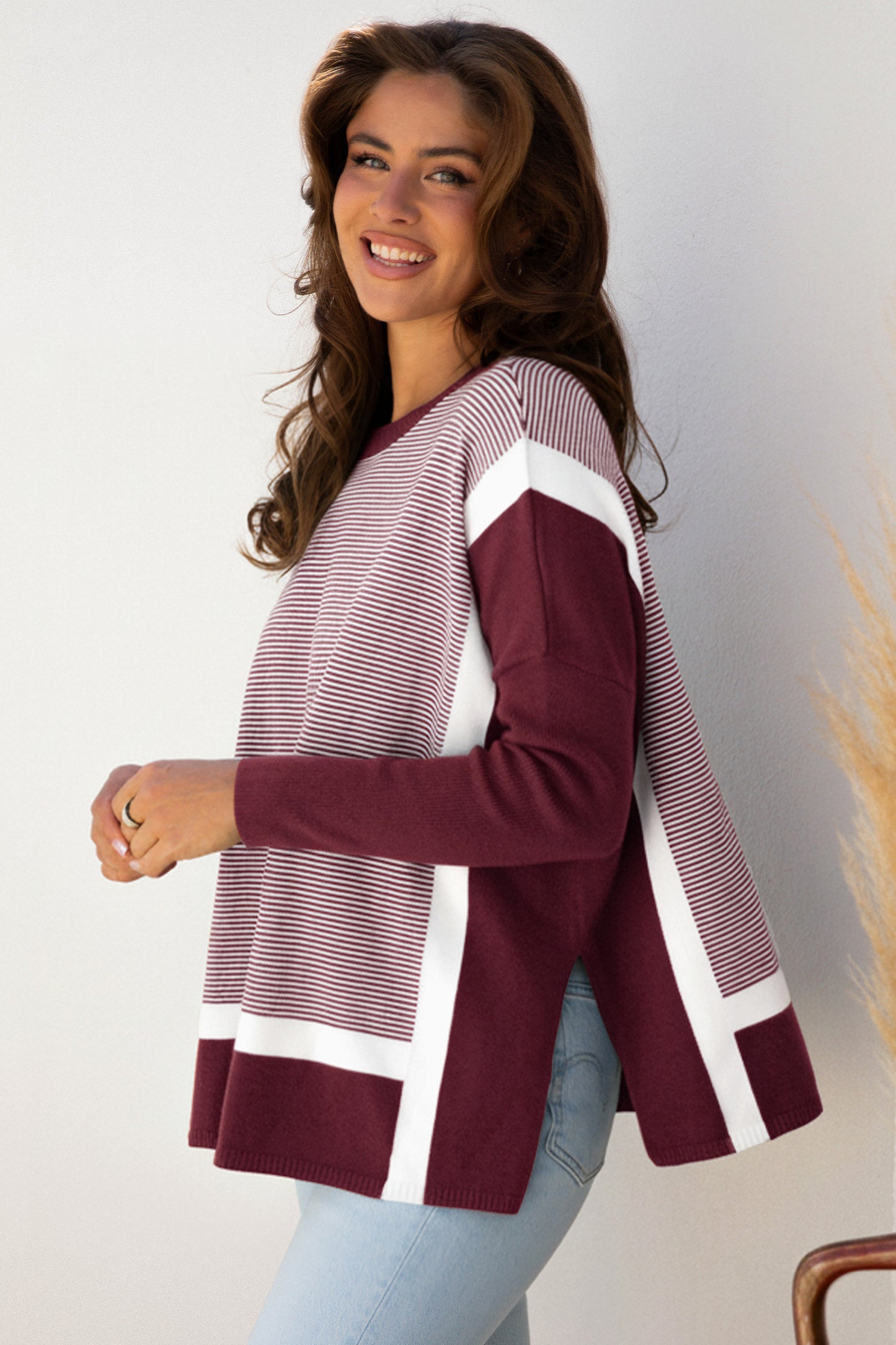 Green Stripe Color Block Patchwork Dolman Oversize Tunic Sweater