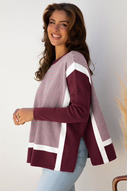 Green Stripe Color Block Patchwork Dolman Oversize Tunic Sweater