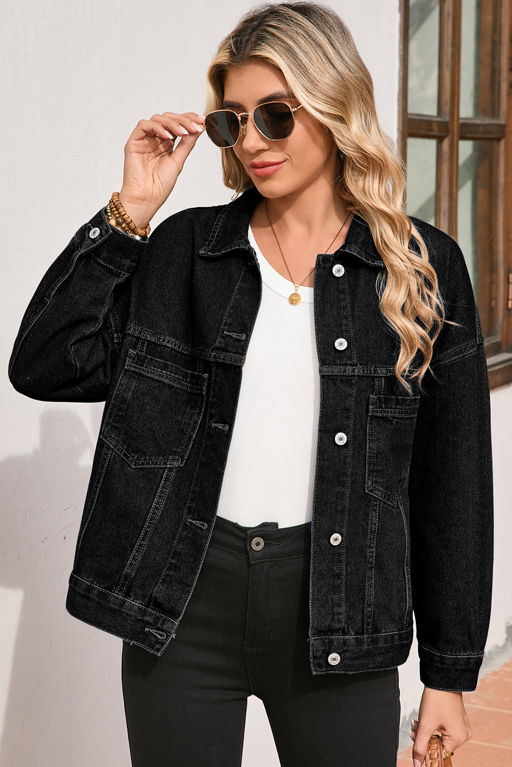 Black Washed Oversize Pocketed Denim Jacket