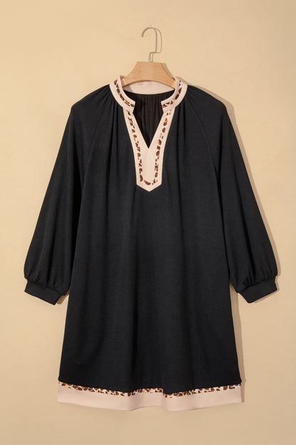 Black Contrast Color Block Leopard Trim Plus Size Ribbed Dress