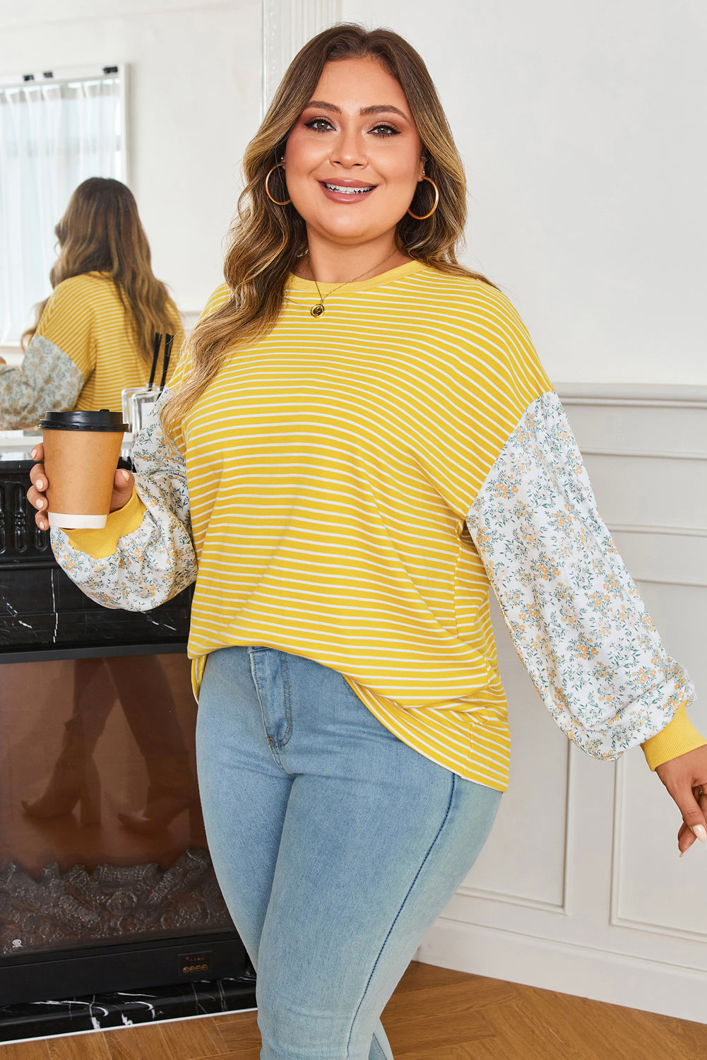 Yellow Stripe Striped Contrast Floral Sleeve Patchwork Plus Size Loose Top